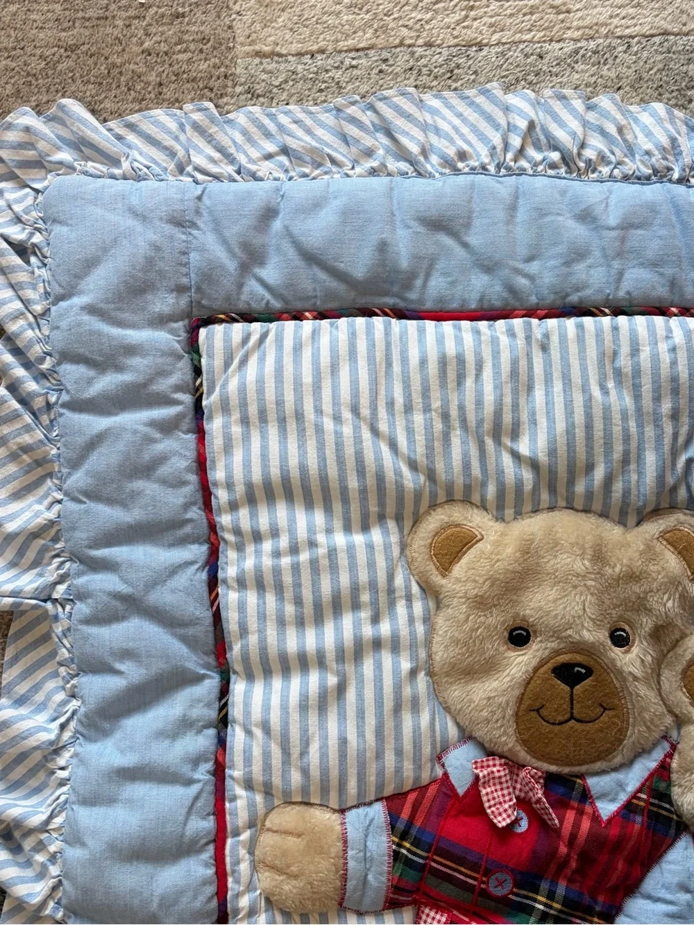 Vintage NoJo USA Teddy Bear Baby Blanket Quilt Playmat Ruffle Blue Striped 90s